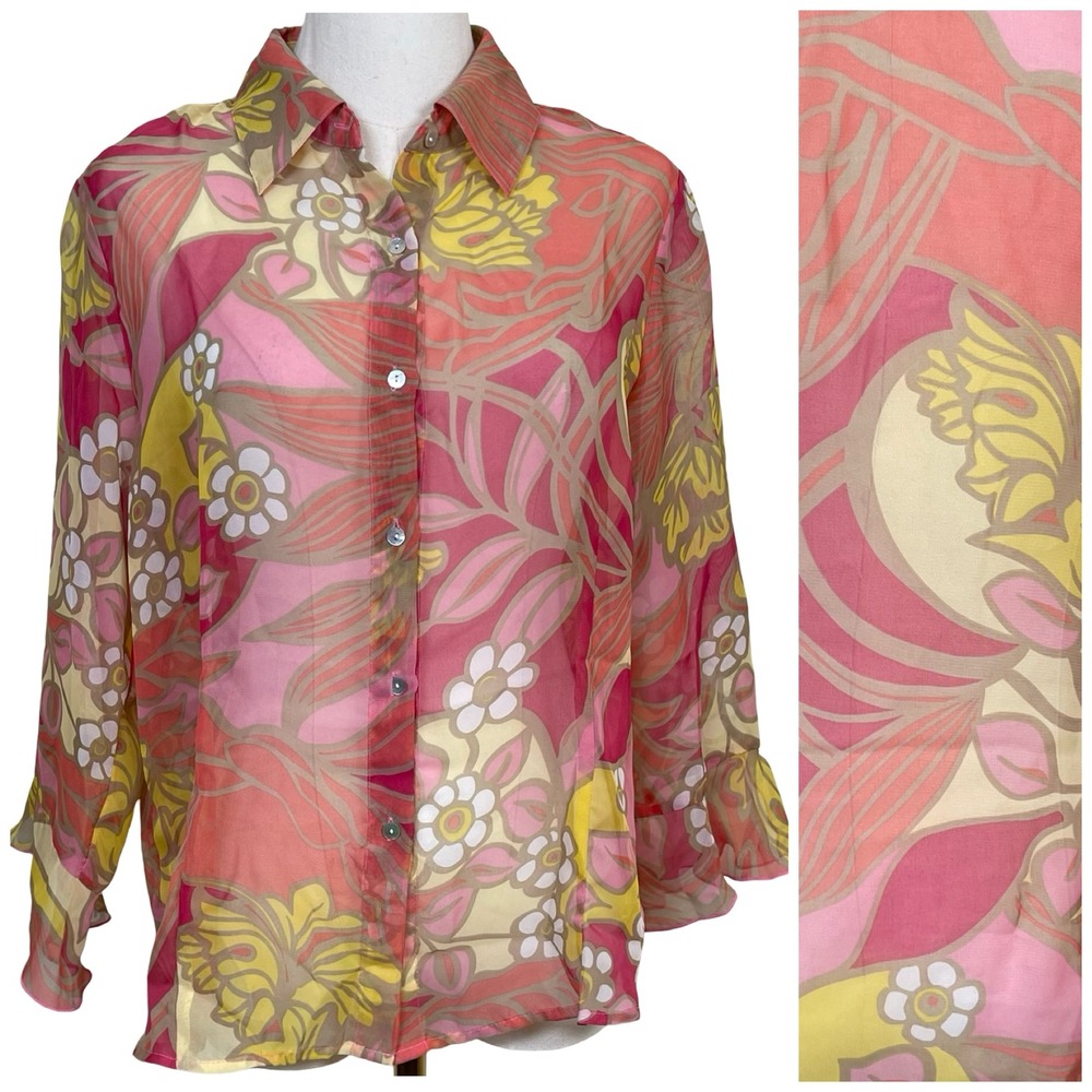 Vintage Nicola Floral Sheer Blouse Womens M Pink Yellow‎ Bell Sleeve Retro Y2K